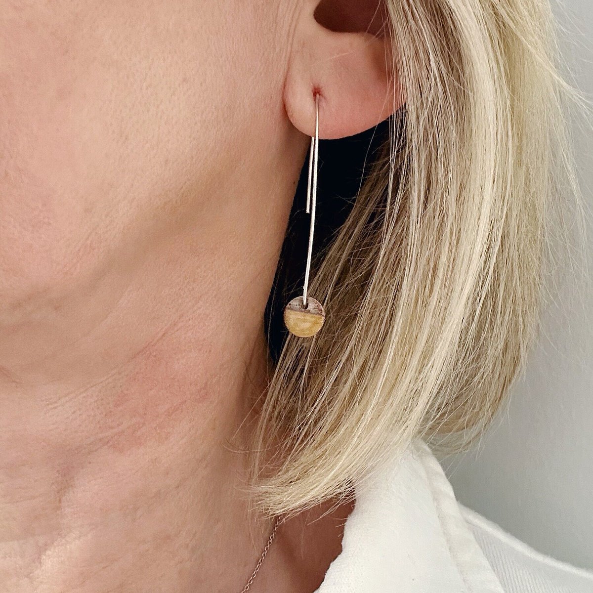 Yellow Copper Enamel Drop Earrings on Handmade Sterling Silver Ear Wires, Geometric Earrings tuppu.net/436622ad #MaisyPlum #MHHSBD #ShopIndie #UKCraftersHour #Etsy #DiscEarrings
