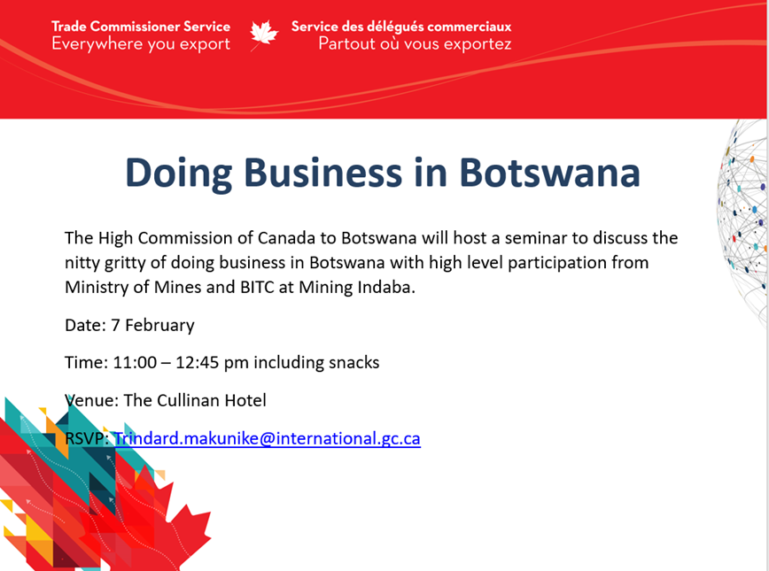 I am going to be at Mining Indaba Next week. I invite you to our event below with Government of Botswana and Canadian companies at Cullinan Hotel on 7 February from 11:00 am #MiningIndaba2024 <a href="/CanEmbZimbabwe/">Canada in Zimbabwe</a> <a href="/TCS_SDC/">Trade Commissioner Service</a> .