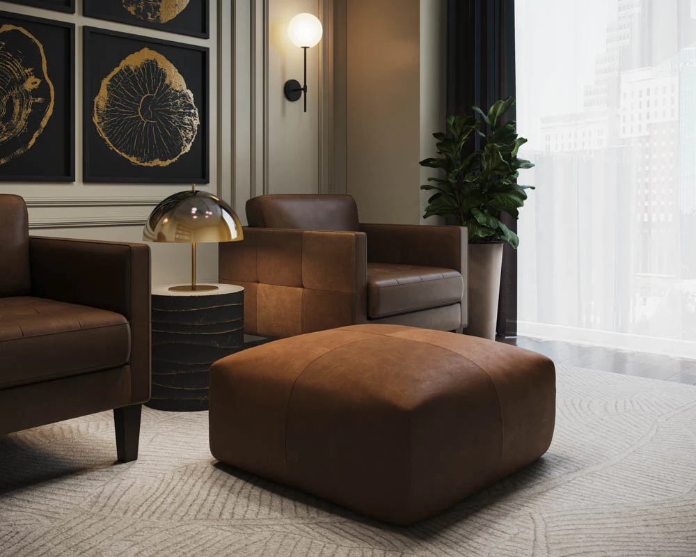 With its vintage and versatile design, this Italian-made ottoman can be perfectly arranged in various settings. Upholstered in our cognac 100% Italian bovine leather for lasting quality.