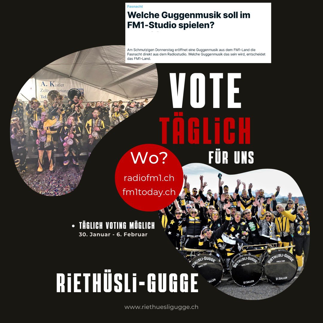 🎺 Unterstützt uns beim FM1 Guggenmusik-Voting ! 📻fm1today.ch/unterhaltung/s…önnt ihr täglich für uns voten - Danke 
#RiethüsliGugge #FM1Voting #GuggenmusikLive #radiofm1 #fm1wachmacher <a href="/RadioFM1/">Zach Morgan</a>