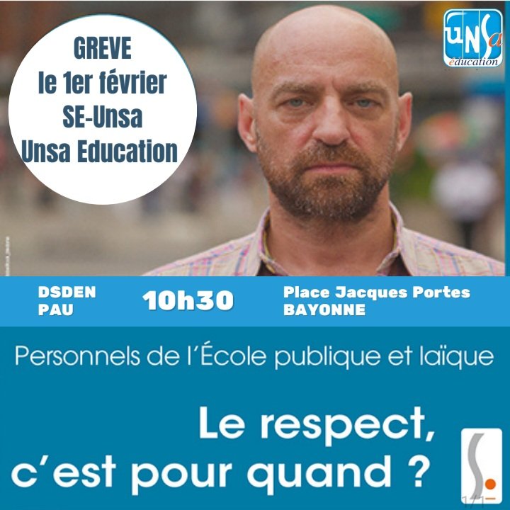 Unsa_Educ64's tweet photo. Pour être respecté·es, en grève le 1er février ! 
Le SE-Unsa appelle tous les personnels à la mobilisation le 1er février prochain pour exiger le respect de l’École publique et laïque, et de ses personnels.
RDV 10h30
DSDEN PAU et Pace Jacques Portes BAYONNE https://t.co/3WaRpbqxk9