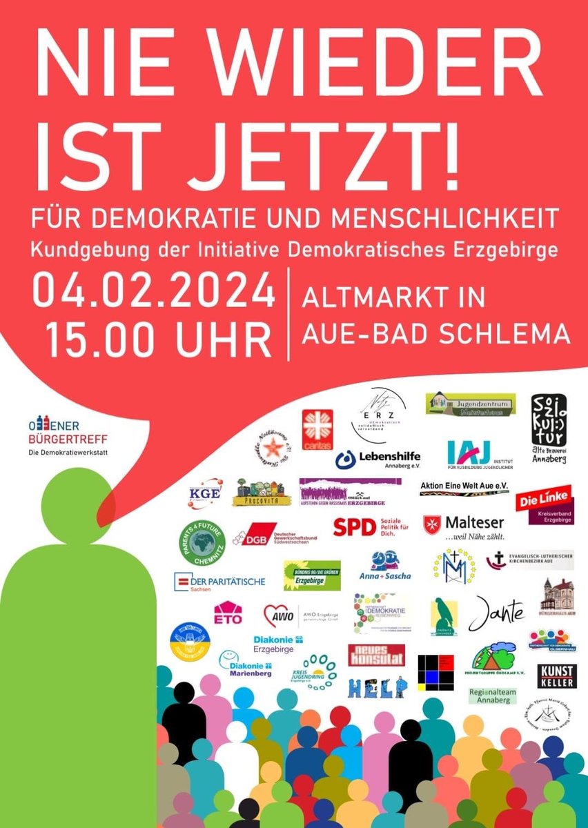 Kommt am 04.02 mit uns nach Aue auf die Straße um gegen den immer stärker belastetenden Rechtsextremismus und für unsere Demokratie zu demonstrieren. 

Wir sehen uns ❗️💚
