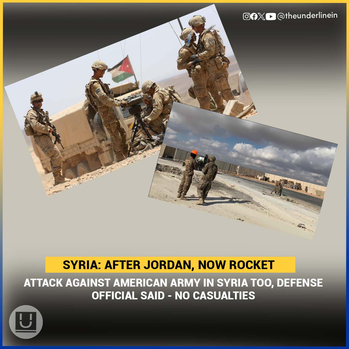 Syria: After Jordan, now rocket attack against American army in Syria too, defense official said - no casualties

#Syria #Jordan #rocketAttack #airstrike #airstrikes #AmericanArmy #UnitedStates #Shadadi #Syrian 

A US defense official, speaking on condition of anonymity, said