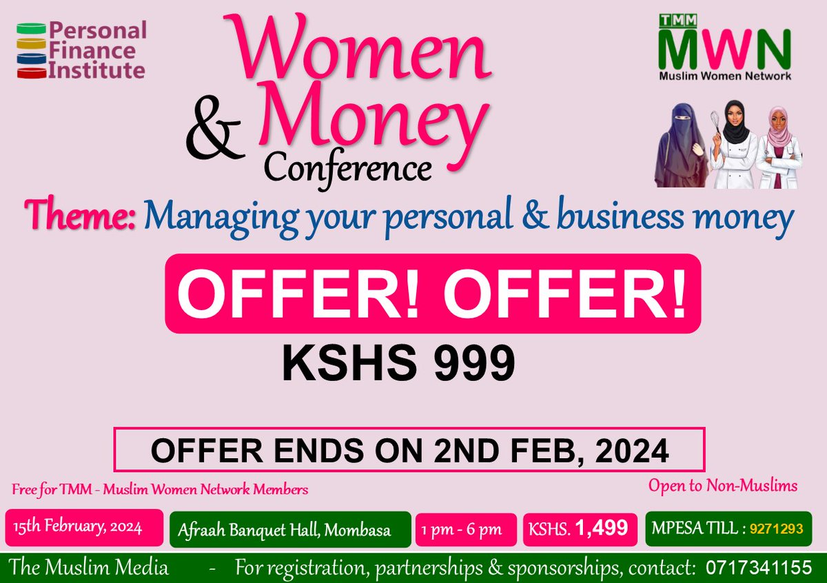 OFFER! OFFER! OFFER!

We have an outstanding offer on the Women and Money Conference from Ksh 1499 to Ksh 999.

The offer is valid till 2nd Feb 2024. 

Grab your offer now.