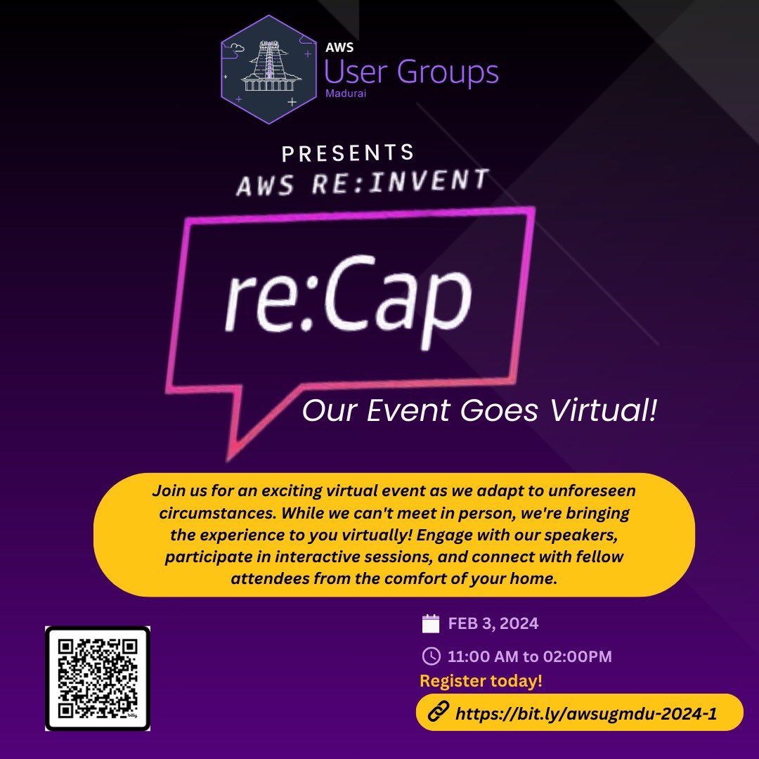 Your demand is fulfilled! Yes you read it right, we are hosting a virtual event this weekend for all our virtual audience🤩

Are you excited to listen from experts?🔈🔈

Register now!!📝📝

Here is the link: bit.ly/awsugmdu-2024-1

#AWS #India #community #engagement #register