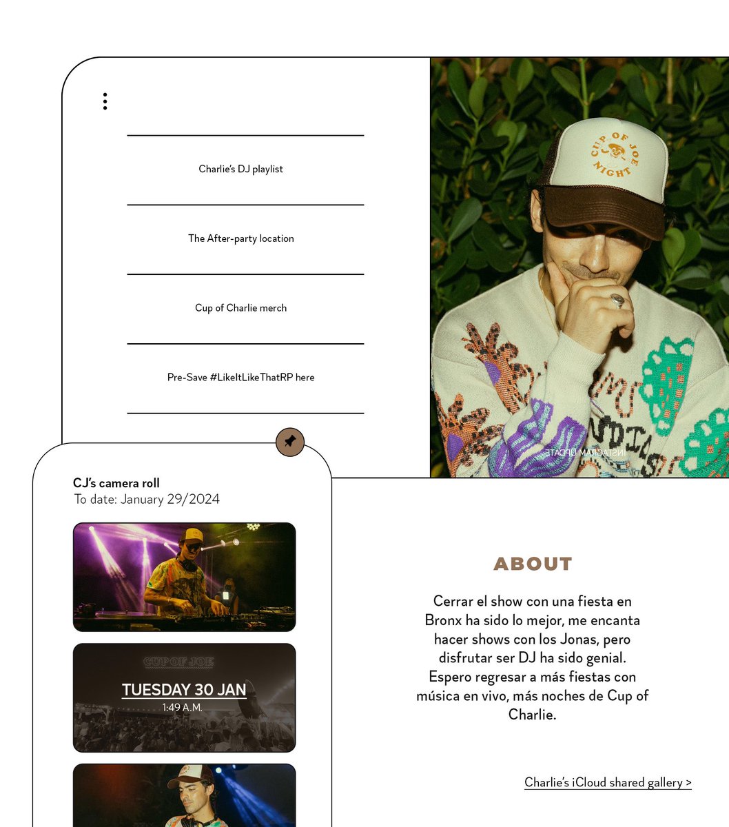 ⠀⠀⠀⠀“𝖢𝗁𝖺𝗋𝗅𝗂𝖾'𝗌 𝗽𝗼𝘀𝘁” journal.⠀﹨𓏸˚﹙𝟸𝟺 𝚖𝚖﹚— S̲̲hows¹⠰ #CupofCharlieRP﹗ ® ↓
Esta noche no deja de mejorar, más con esta fiesta para celebrar el fin de los shows de la gira por USA. Agradecido por todos los que nos acompañaron.