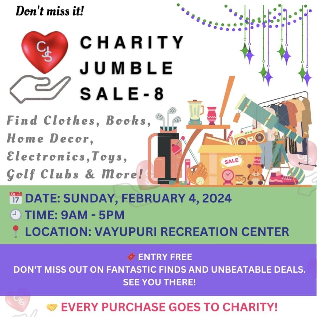 Join us this Sunday at CJS-8 for great deals! Every sale proceeds will go to charity. #CommunitySupport #givingback