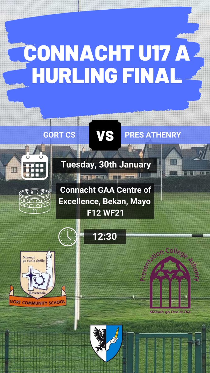 Our U17 hurlers play @PresAthenry in the @ConnachtGAA U17 A Hurling Final in the Connacht GAA Centre of Excellence today at 12.30 pm. Tune in here for live score updates. #GCSabú
