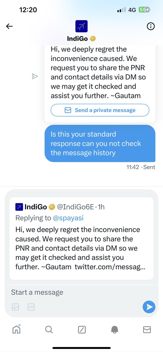 spayasi's tweet photo. Mr Gautam @IndiGo6E ;you are repeatedly asking me to DM which I have already done twice. You’ve put auto reply with standard text. come out of your comfort zone and attend to the complaint. Don’t think this will go away automatically. @MoCA_GoI @JM_Scindia https://t.co/U5t18HxOJY