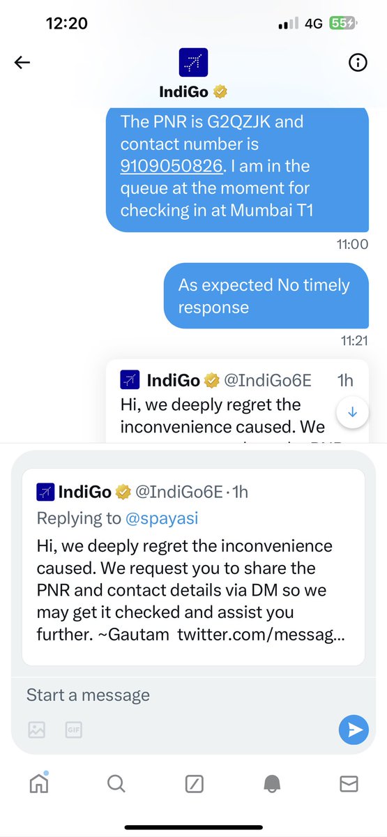 spayasi's tweet photo. Mr Gautam @IndiGo6E ;you are repeatedly asking me to DM which I have already done twice. You’ve put auto reply with standard text. come out of your comfort zone and attend to the complaint. Don’t think this will go away automatically. @MoCA_GoI @JM_Scindia https://t.co/U5t18HxOJY