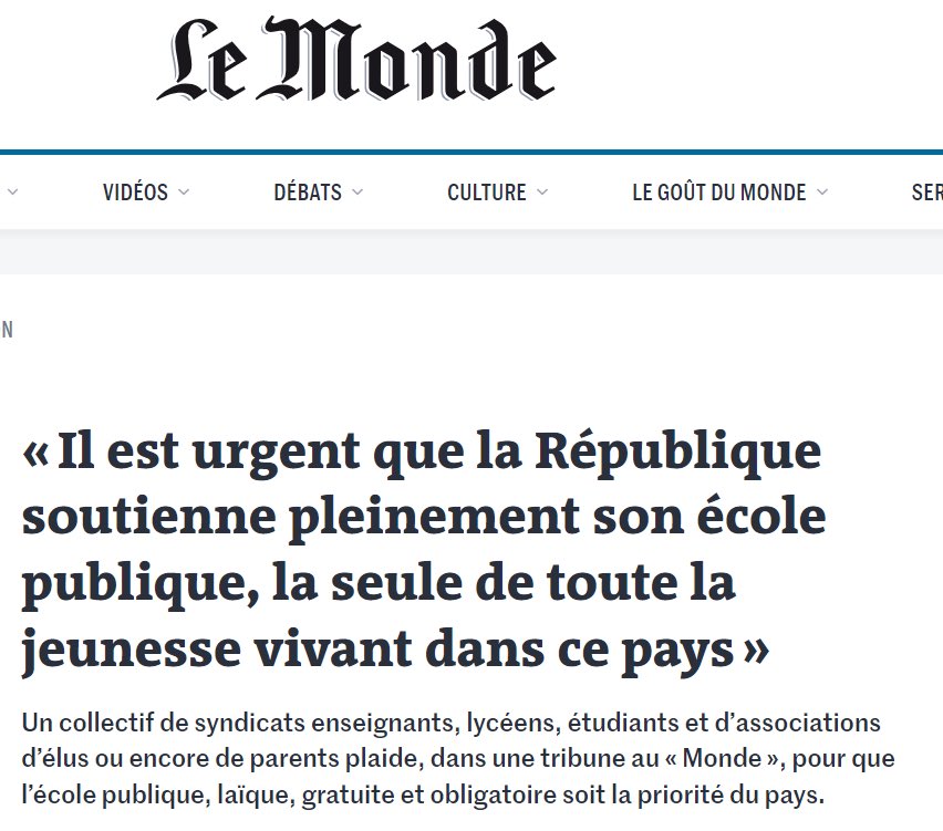📢« Il est urgent que la République soutienne pleinement son école publique, la seule de toute la jeunesse vivant dans ce pays » Tribune collective (associations, syndicats, ) avec entre autres <a href="/UNSA_Education/">UNSA Éducation</a>  <a href="/LaiciteCnal/">CNAL</a> @weblaligue <a href="/FCPE_nationale/">FCPE_nationale</a> ➡️lemonde.fr/education/arti…