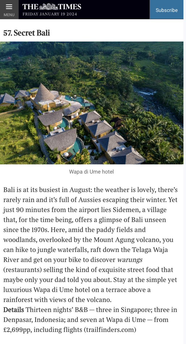wapadiumeresort's tweet photo. We're thrilled to announce that Wapa di Ume Sidemen and Sidemen village has been featured in @thetimes  https://t.co/x8EYG4yX6V no. 57 - Best Holiday Destination for 2024 a month by month guide where Sidemen assigned as Secret Bali.
> https://t.co/HrYlTCC9Te https://t.co/vVUJWDSEHM