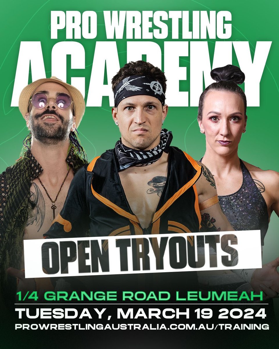 👀Wanna Be A Wrestler?👀

Open Tryouts This March!

WWE? AEW? NJPW? Our students are everywhere and you could be next!

Register Now!
When: March 19th - 7pm
Where: Pro Wrestling Academy - 1/4 Grange Road Leumeah

prowrestlingaustralia.com.au/training