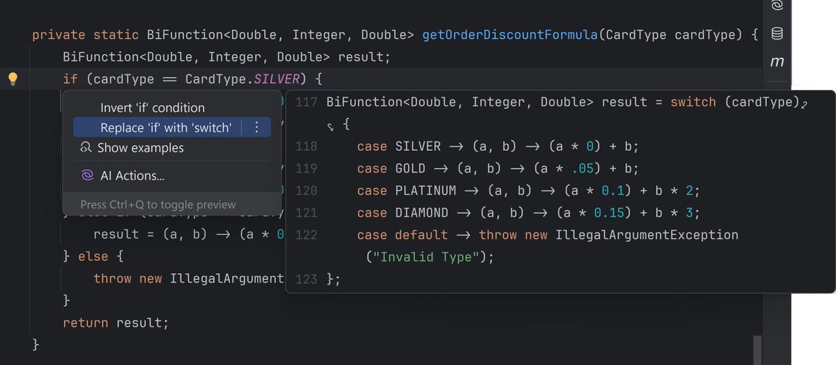 eMalaGupta's tweet photo. If you haven't tried the new evolved #switch for a while in #Java, give it a try! 

Check out my new blog post to find out how it helps you to write &amp; read concise code that is easy to understand, has fewer bugs, and much more:

https://t.co/A4FSx8AqG9

#IntelliJIDEA https://t.co/fW3ZetUKTK