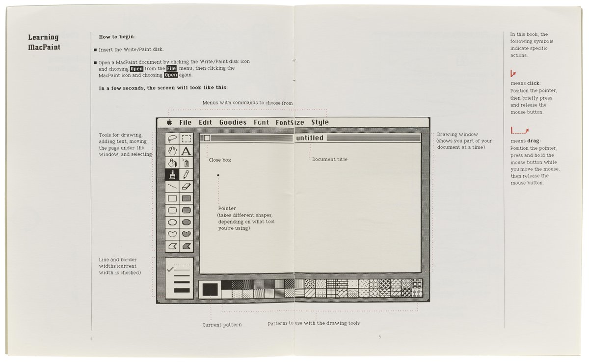 Susan Kare (illustration, bitmap type) &amp; Clement Mok (design), MacPaint Manual, Apple Computer, 1983.

Clement Mok writes, “among the 100+ projects that I crafted for the Macintosh launch, the MacPaint user manual holds a special place as one of my personal favorites.” (1/2)