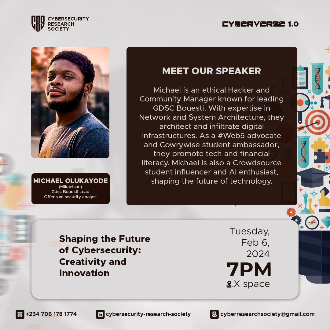secure_research's tweet photo. Good morning Digital folks😊

On our speakers meet today is; Micheal Olukayode.

The countdown has begun, Cyberverse 1.0
ANTICIPATE🔥🔥🔥
#CyberSecurity #cybersecurityresearch #TechTalk #cybersecurityawareness https://t.co/GjejjJ4Gys
