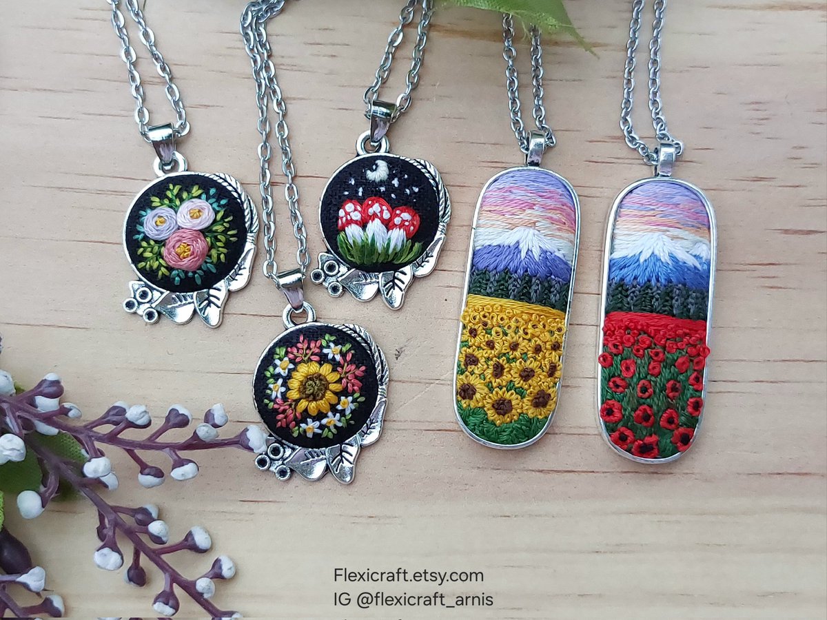 Hand embroidered necklace, #cottagecore #landscape #embroidery 

Buy from my Etsy shop:
Flexicraft.etsy.com

Full collections and tutorials
Instagram.com/flexicraft_arn…
