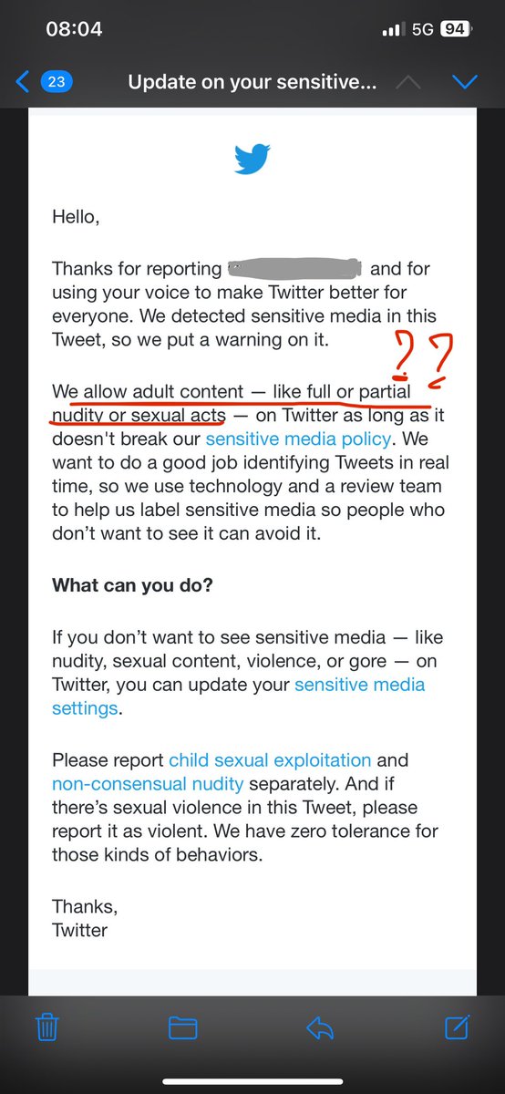 CamilleHartmann's tweet photo. What’s in Help Center / Sensitive Media of @X has to be better managed, @elonmusk. Got exposed against my will to kinds of content listed here that is supposed to be forbidden :
https://t.co/IIkYQBUt0H

This is the email I got today. This doesn’t aline with what you claim above https://t.co/5SbzMXEBp8