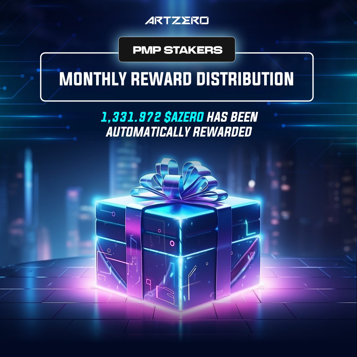 🎉 Calling all PMP stakers, the monthly distribution has just taken place! 🚀

💰 1,331.972 $AZERO has been automatically rewarded to all PMP stakers. Check your balance now and enjoy your earnings! 🤑

👉 a0.artzero.io/account/general

Happy staking! 🌟