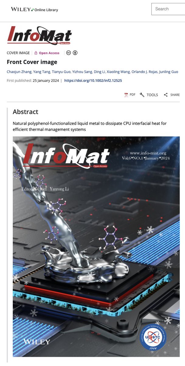 junling_g's tweet photo. Our recent work published in #InfoMat (IF: 22.7) about polyphenol-mediated nano-compartmented liquid metals for CPU/GPU/battery cooling is selected as the Front Cover. Big appreciation to @Orlando93842114 &amp; @Graina_Tianyu @UBCBioProducts; https://t.co/w8lELubBPL @ChaoyiInfoMat6 https://t.co/NDNZooq6vn