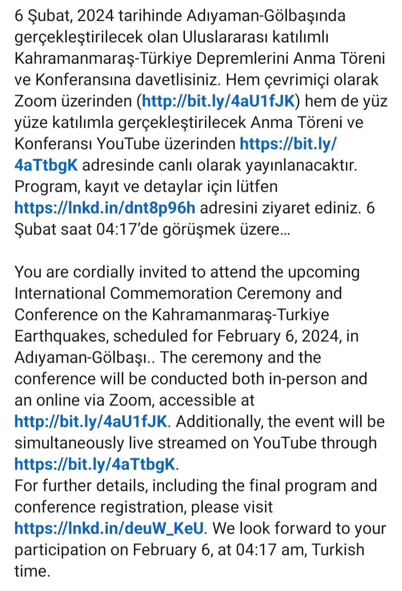 6 Şubat 2024 saat 04:17'de Adıyaman Gölbaşında düzenlediğimiz Uluslararası Anma Konferansı hem yüz yüze yapılacak hem de youtube üzerinden canlı yayınlanacaktır. 6 Şubat 2024 04:17'de görüşmek üzere... 2023turkiyeeqs.metu.edu.tr