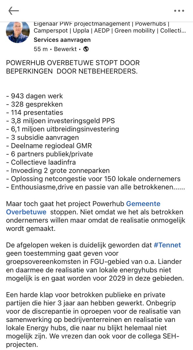 Vorige week debat over netcongestie. Belang van energiehubs en lokaal energie delen breed gesteund. Nu dit bericht over Powerhub Overbetuwe. Wat gaat hier zo ongelofelijk mis? Ondernemers willen, het is de meest duurzame oplossing en toch dreigt alles in de wacht te gaan tot 2029