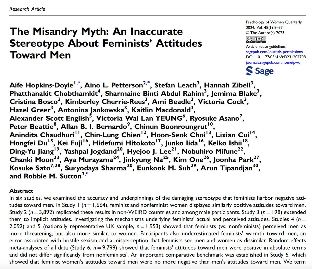 MichaelGLFlood's tweet image. Feminists’ attitudes towards men – Six studies, in the most systematic examination yet of feminists’ actual and perceived attitudes toward men, find that feminists’ attitudes toward men are broadly positive and broadly similar to other people’s attitudes toward men.
Findings:
1/3