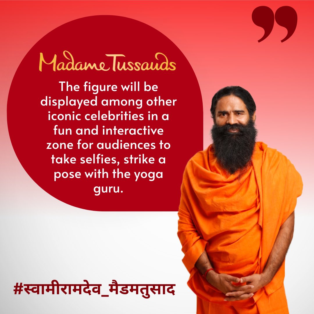 pyptharidwar's tweet photo. The figure will be displayed among other iconic celebrities in a fun and interactive zone for audiences to take selfies, strike a pose with the yoga guru Swami Ramdev Ji.
#स्वामीरामदेव_मैडमतुसाद https://t.co/mpJ4VZZHVi