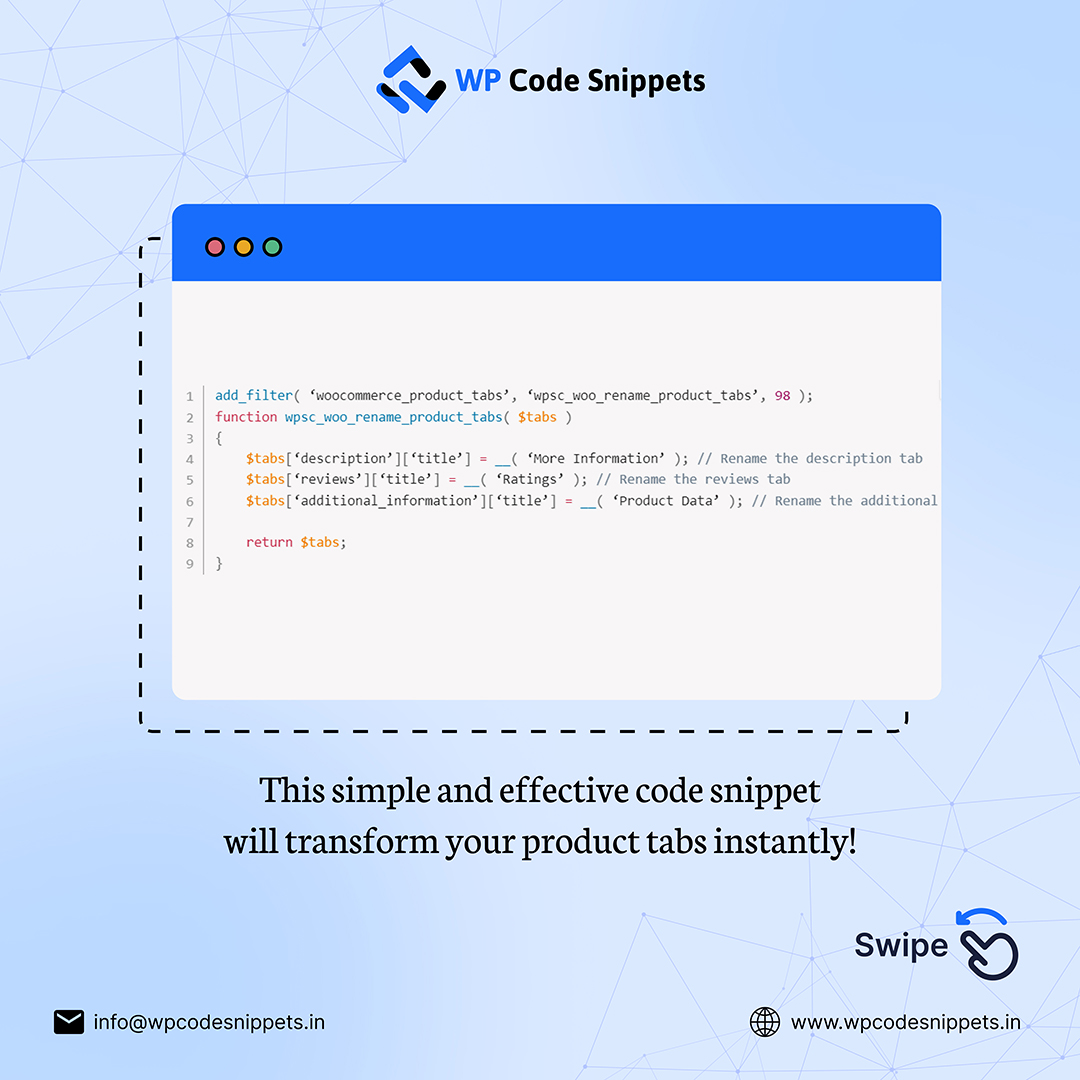 Wp_codesnippets's tweet image. Dive into our latest #WooCommerceHack to effortlessly rename product tabs! 🛠️ Whether you want to enhance clarity or align with your brand tone, this simple tweak can make a huge difference. 🌟
Get this code: wpcodesnippets.in/how-to-rename-…
#ecommercestore #EcommerceTips #WordPress