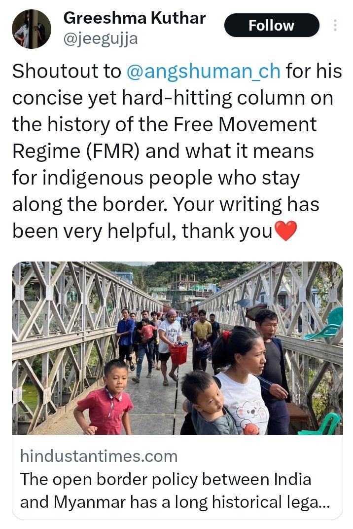 Echoes4mAshes's tweet photo. @jeegujja @angshuman_ch
Even Muslims,Hindus in India has blood brothers in Pakistan,Bangladesh!Aftr Partition,U need passport &amp; Visas.
 
It's not tht we #Meiteis don't have our brethren in Myanmar.

Follow d rules &amp; visit them.

Why such SOFT SPOT 4 Tribes? 
Are u both Indians?? https://t.co/16sXVS5SMR