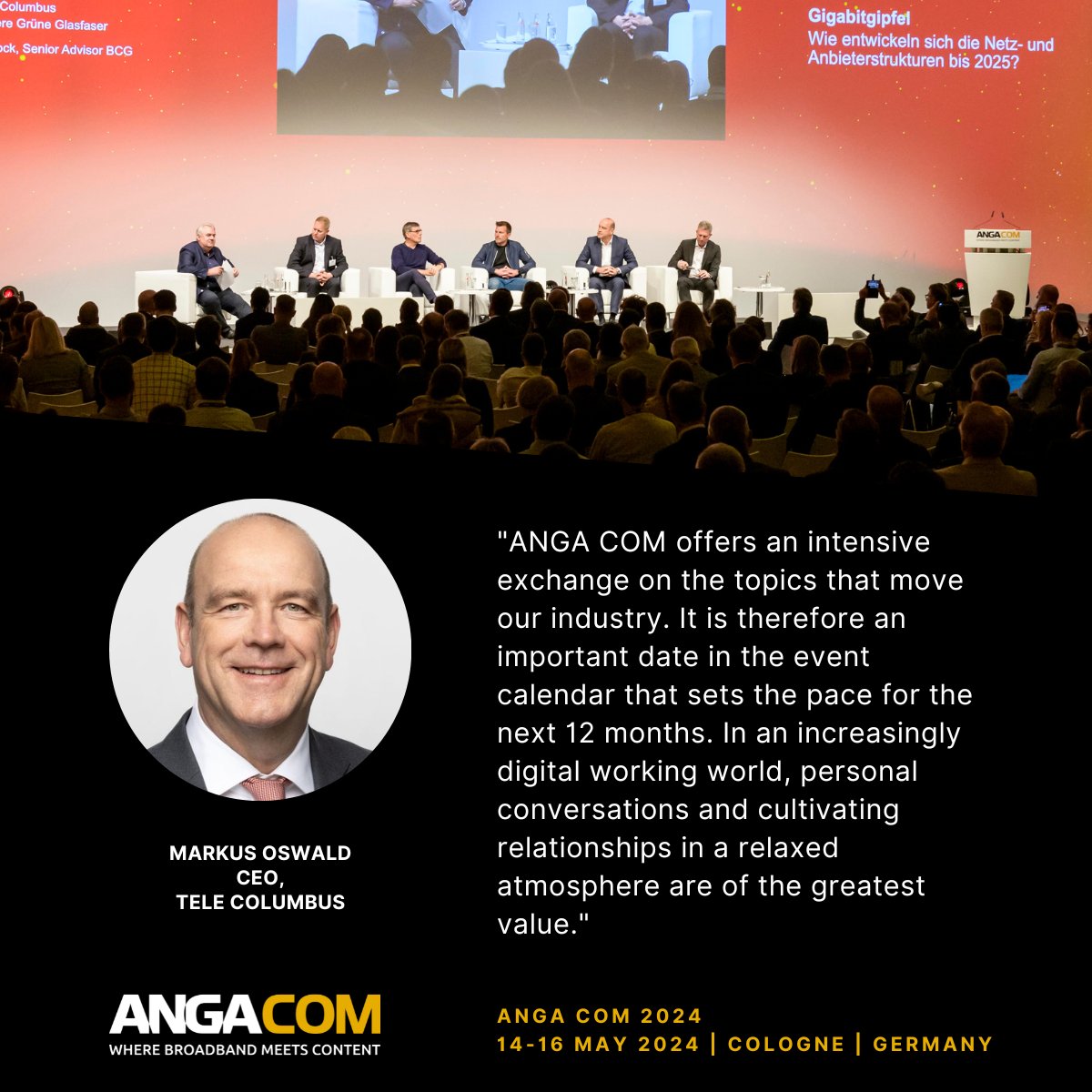 Markus Oswald, CEO @TeleColumbusAG on #ANGACOM 2023: 'ANGA COM offers an intensive exchange on the topics that move our industry. It is therefore an important date in the event calendar that sets the pace...'. More from the #broadband and #media industry: tinyurl.com/5bts4k5b