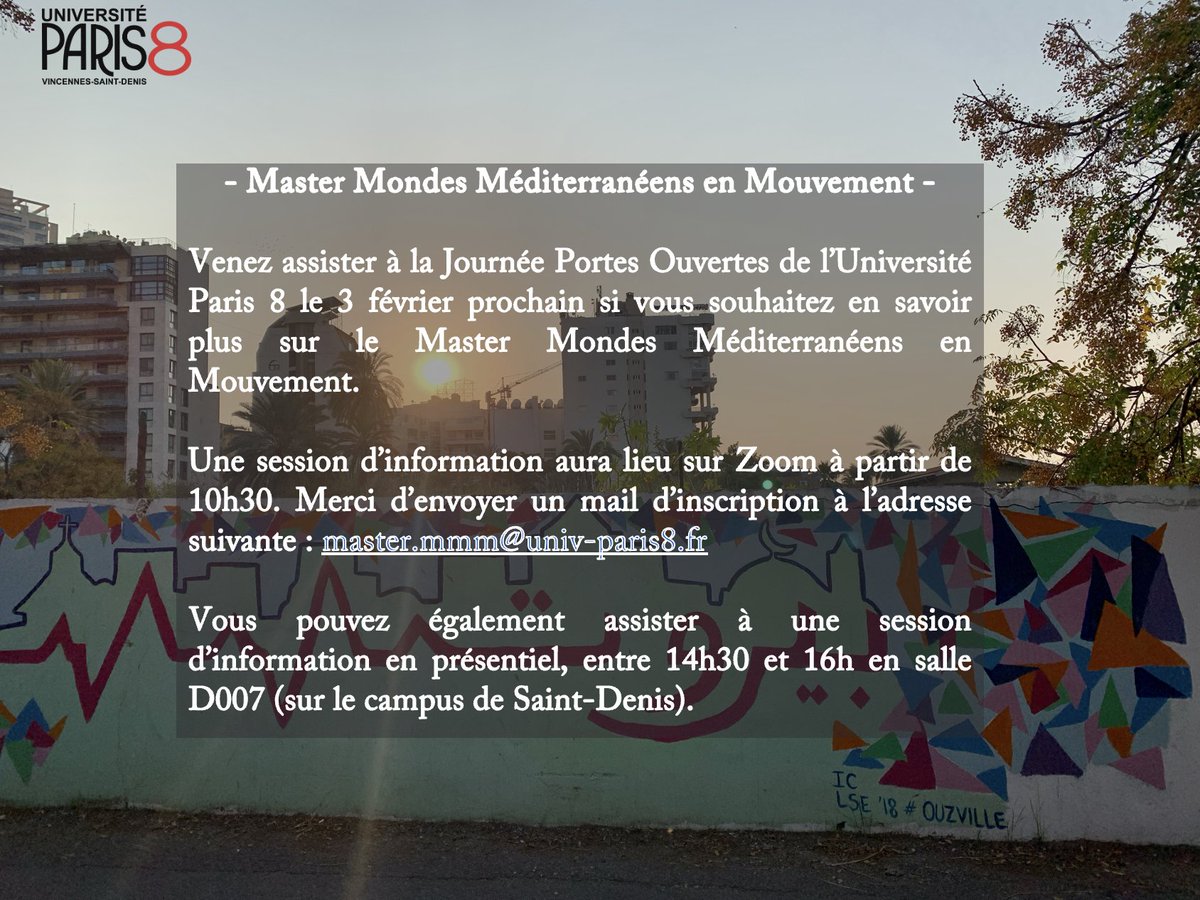 MasterMMMP8's tweet photo. Venez assister à la #JPO de @UnivParis8  samedi prochain pour en savoir plus sur @MasterMMMP8 

Une session d’information aura lieu sur Zoom à partir de 10h30. 

Merci d’envoyer un mail d’inscription à l’adresse suivante : master.mmm@univ-paris8.fr https://t.co/QBiA8fpAzs