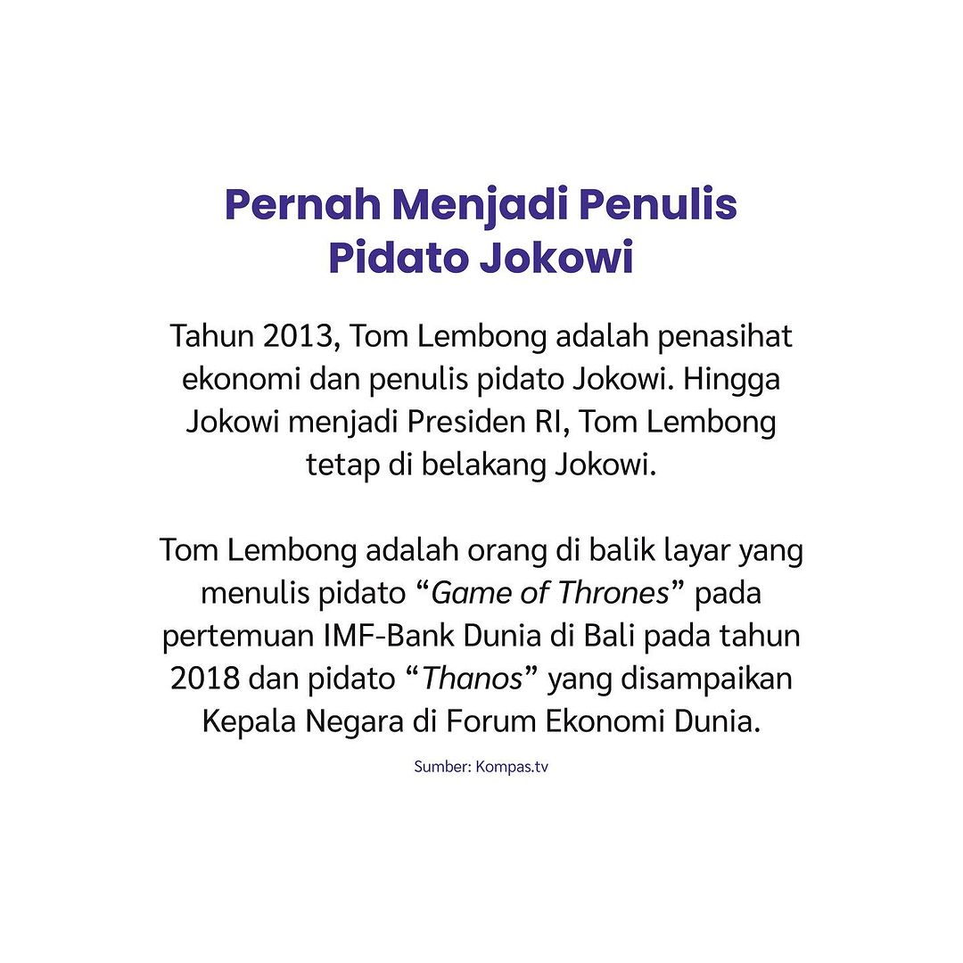 Siapakah Thomas Lembong yang disebut oleh Gibran saat Debat Cawapres kemarin?

Usut punya usut, Thomas ini pernah menjadi penulis pidato Jokowi, dan sekarang menjadi co-captain Timnas Anies-Cak Imin. Yuk intip profil lengkap Tom Lembong yang dimention oleh Gibran.