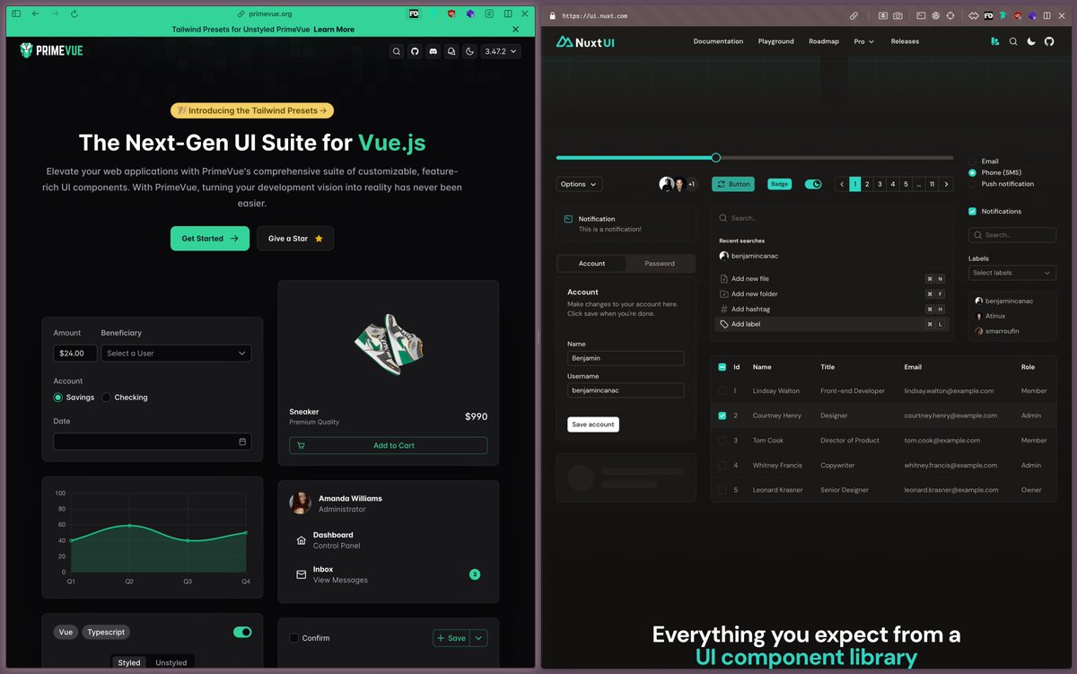 januarfonti's tweet image. Just explored @primevue and it looks intriguing! Previously a Nuxt UI user, but the components offered by PrimeVue have me contemplating a switch. 

Any of you have experience using PrimeVue with Nuxtjs projects? 

#frontend #webdevelopment #PrimeVue #Nuxtjs