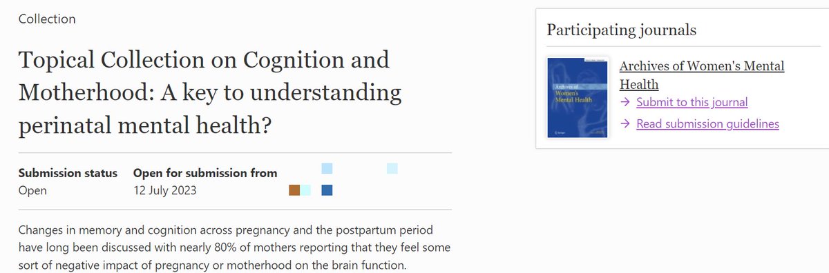 Deadline extended to Feb 29th for our Topical Collection on Cognition and Motherhood: A key to understanding perinatal mental health?   <a href="/AWMH_Journal/">Archives of Women’s Mental Health</a> 

Edited with <a href="/Dr_BCallaghan/">Dr. Bridget Callaghan</a>

If you have questions let us know.   

link.springer.com/collections/ie…