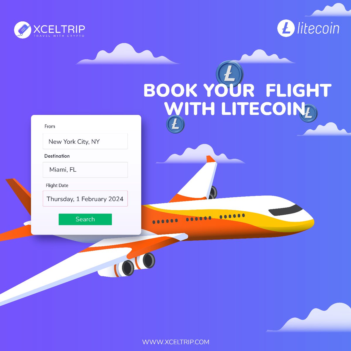 XcelPayVentures's tweet photo. Excited about booking your next flight using @litecoin? Your dream destination is now within reach! 🌍

Book your flight to that dream location and pay conveniently with $LTC through XcelTrip!

Visit https://t.co/DqVNICq9te to begin your journey! ✈️

#Litecoin #TravelGoals #LTC https://t.co/rTLyBUpsai