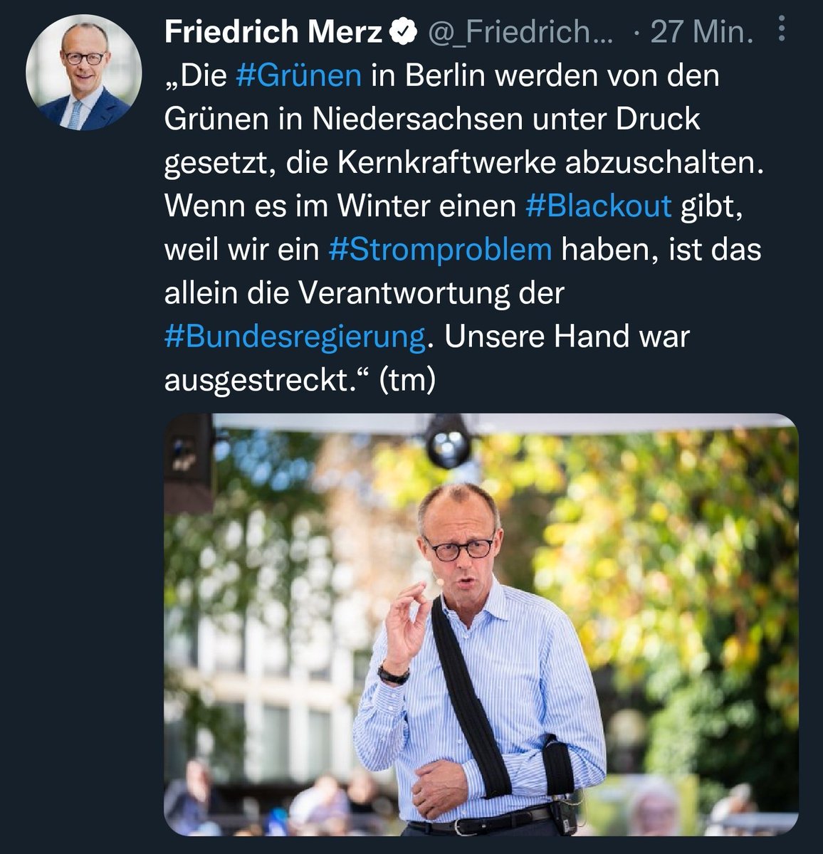 diag_72's tweet image. Was der Frieder im September 2022 so meinte.

"Dass es keinen #Blackout gab, da kein #Stromproblem vorlag, war demnach wohl der alleinige Erfolg der #Bundesregierung. Gut, dass sie eure Hand nicht genommen haben." (td)
