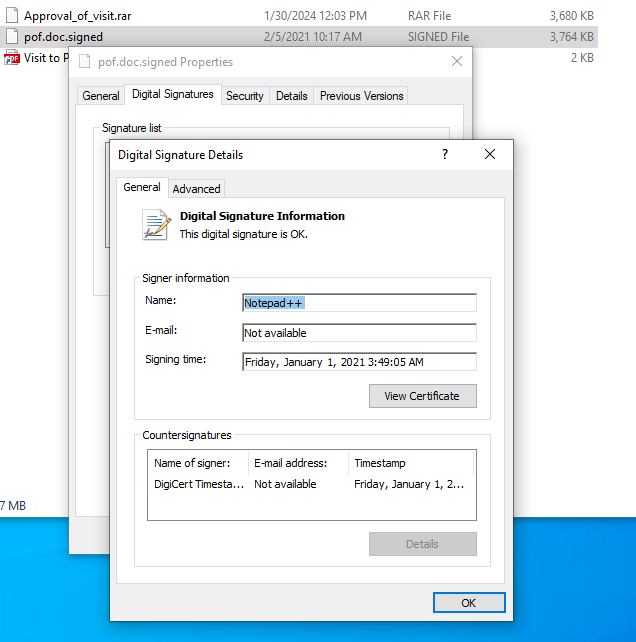 __0XYC__'s tweet photo. Approval_of_visit.rar

e6a36f78273038bae870aea72979fa22

#LNK  > hxxp://uk.royalmigration[.]buzz/db612

#APT #Notepad++ https://t.co/L04k9ukNhR