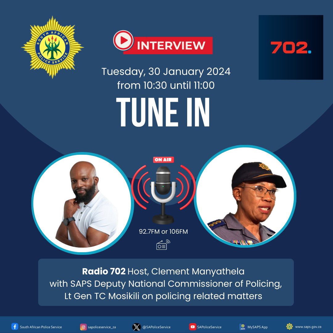 #sapsHQ [TUNE IN] The #SAPS Deputy National Commissioner of Policing, Lieutenant General TC Mosikili will be live on @Radio702 on #TheCMShow speaking to @TheRealClementM on policing related matters. #CrimeTalk #Soshanguve #Crime #Safety #702WalkTheTalk ME