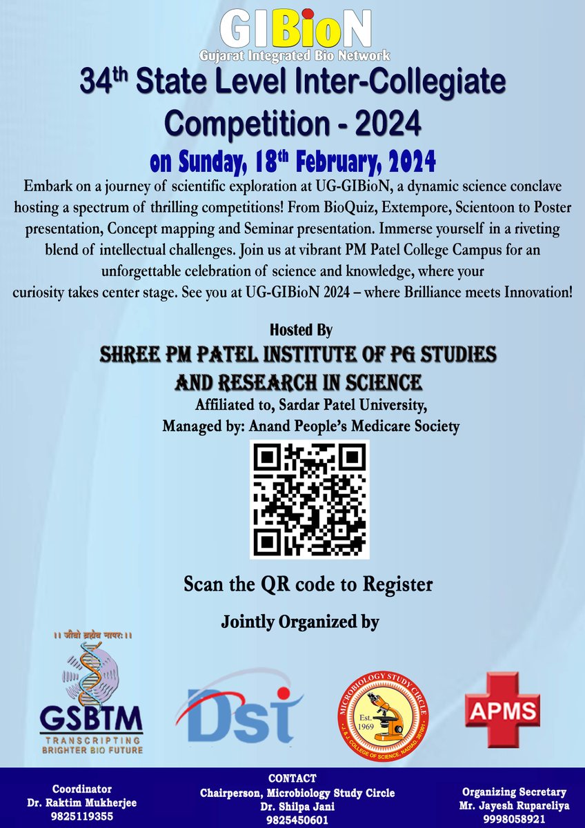 🔬 Exciting news! Bioscience Undergraduate Institutes of Gujarat, applications are open for the one-day intercollegiate competition 'GiBioN' hosted by 'Shree P M Patel Institute of P.G Studies & Research in Science, Anand!' 🚀 Supported by GSBTM, DST, GoG #GiBioN #GSBTMSupport