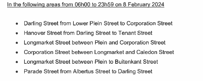 Preparations for the State of the Nation Address at City Hall on 8 February 2024 are underway. Please take note of these road closures leading to the event and on the day so you can avoid traffic jams.