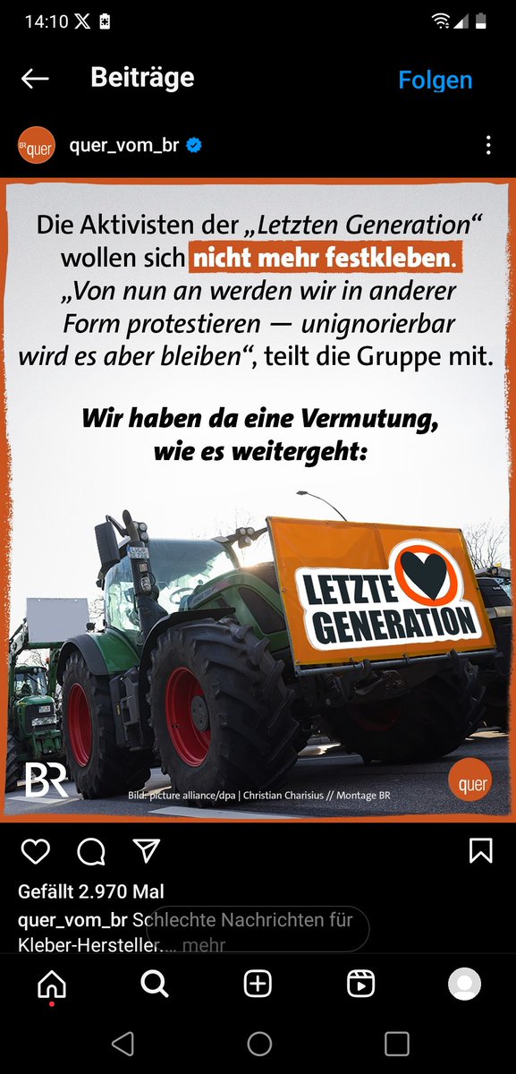 Der Bayerische Rundfunk macht sich über die #Bauernproteste lustig und versucht die Klimasekte #LetzteGeneration im Gespräch zu halten. Stattdessen wäre es sinnvoll über die Finanzflüsse aufzuklären.
Wir fragen uns was das mit dem Auftrag des #OERR zu tun hat.