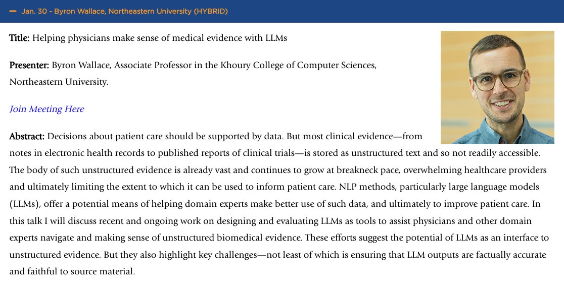 We're excited to welcome @byron_c_wallace for a special Tuesday #DBMISeminar today at 1 pm ET. This is a hybrid event, focusing on 'Helping physicians make sense of medical evidence with LLMs.'

Join us in PH20-200 or use the Zoom link here: dbmi.columbia.edu/dbmi-seminar/