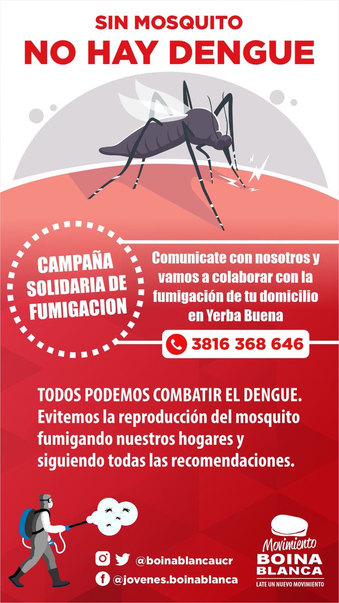 boinablancaucr's tweet photo. @eltucumano_ok 🚨 ¡Nueva Campaña solidaria de fumigación!

Desde los jóvenes Boina Blanca le brindamos a todos los vecinos que lo requieran la posibilidad de fumigar sus domicilios de manera gratuita para combatir la propagación del #Dengue. 🙌 https://t.co/7OTsZIQ1vr