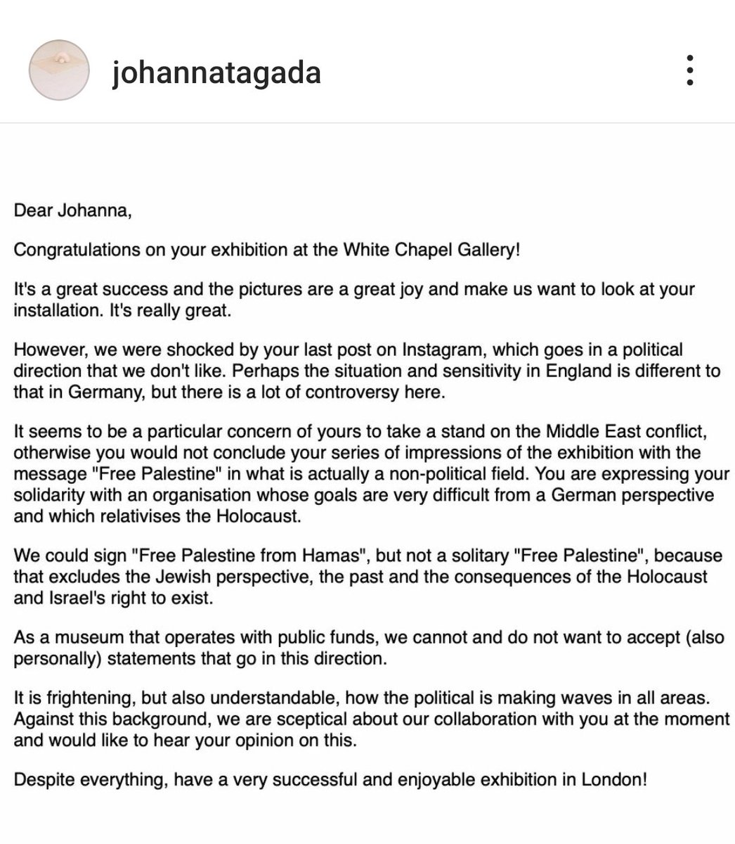Die Künstlerin mit deutsch-jüdischen Wurzeln Johanna Tagada Hoffbeck cancelt eine Ausstellung von ihr in Deutschland, nachdem sie von der deutschen Museumleitung auf eine Instagramstory von ihr mit #FreePalestine angesprochen wurde.

DE isoliert sich immer mehr und blamiert sich!