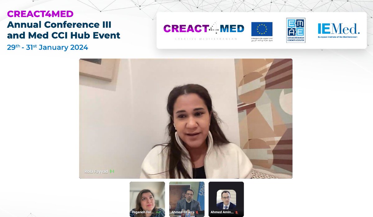 Creative Mediterranean - CREACT4MED Project (@creact4med) on Twitter photo Discussing #jobcreation in #cultural and #creative economies, Senior Researcher <a href="/EMEAorg/">Euro-Mediterranean Economists Association - EMEA</a> Yeganeh Forouheshfar moderated with:
๐น Rola Fayyad <a href="/ViaViiTravel/">ViaVii</a>
๐นAhmed Azouzi Pencils Consulting
๐นAhmed El Farra <a href="/UNIDO/">UNIDO</a>
They touched on #digitalisation, #skills and #decentwork. Discussing #jobcreation in #cultural and #creative economies, Senior Researcher <a href="/EMEAorg/">Euro-Mediterranean Economists Association - EMEA</a> Yeganeh Forouheshfar moderated with:
๐น Rola Fayyad <a href="/ViaViiTravel/">ViaVii</a>
๐นAhmed Azouzi Pencils Consulting
๐นAhmed El Farra <a href="/UNIDO/">UNIDO</a>
They touched on #digitalisation, #skills and #decentwork.