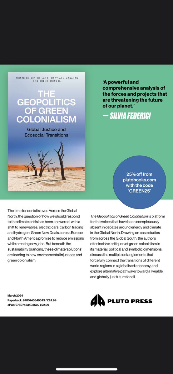 So excited! Our forthcoming book with @brenobringel & Miriam Lang will be out next month. Published by Pluto Press, the book is the result of multiple dialogues across diff processes that examine & challenge the geopolitical dimensions of green transition rb.gy/3xka8x