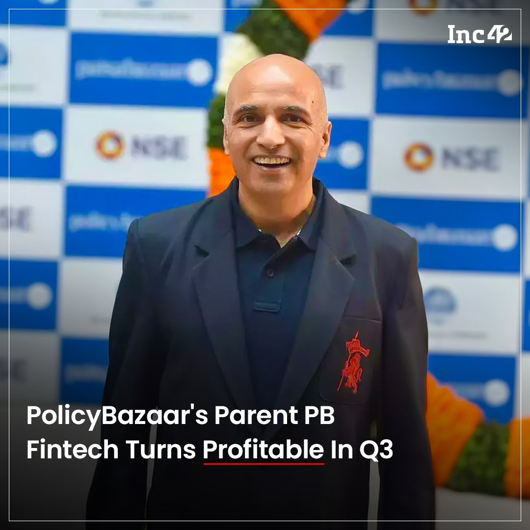Inc42's tweet photo. Insurtech @policybazaar's parent company PB Fintech, turned profitable in the December quarter (Q3) of FY24. The company recorded a profit after tax (PAT) of INR 37.2 Cr during the quarter under review, helped by sharp growth in its insurance broking business and a decline in costs👇

In the preceding September quarter, PB Fintech had recorded a loss of INR 21.1 Cr while its loss stood at INR 87.6 Cr in Q3 FY23.

The fintech major’s operating revenue jumped 43% to INR 871 Cr in Q3 FY24 from INR 610 Cr in Q3 FY23.

The parent of Policybazaar and @PaisaBazaar_in said its new initiatives vertical reached break-even on a contribution margin basis in Q3 FY24.

To read more in detail, click here: https://t.co/DTdSYqW0SZ 

#revenue #policybazaar #insurtech #pbfintech #paisabazaar