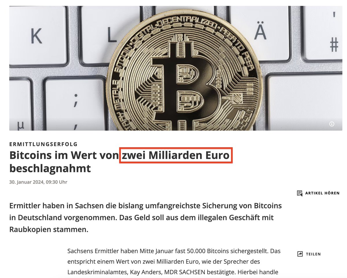 REKORD: Ermittler in Sachsen haben etwa 50.000 #Bitcoin beschlagnahmt, im  Wert von zwei Milliarden Euro – die bislang größte Aktion dieser Art in  Deutschland. 1) Die Bitcoins stammen von den Betreibern des
