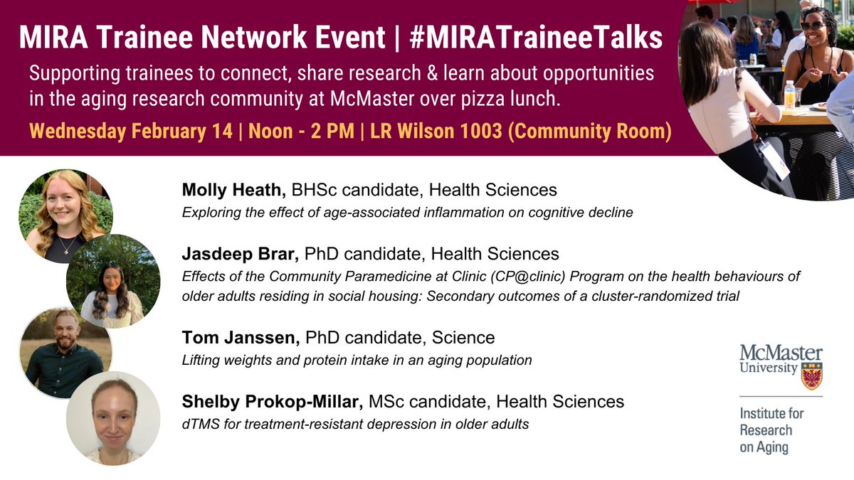 Join us at noon on February 14❤️in LR Wilson 1003 for the first #MIRATraineeTalk of 2024! Trainees of all levels are welcome to join MIRA & your peers to network, connect, ask questions & learn about McMaster’s aging research community. Register here: docs.google.com/forms/d/e/1FAI…